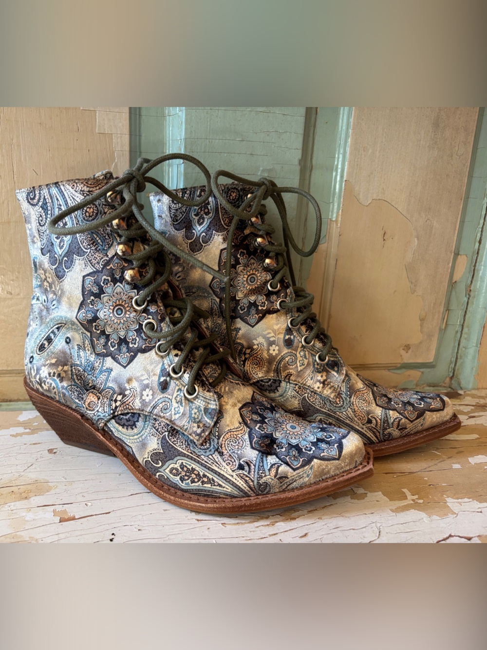 Jeffrey Campbell Paisley Lace-Up Wedge Boots in Blue and Cream